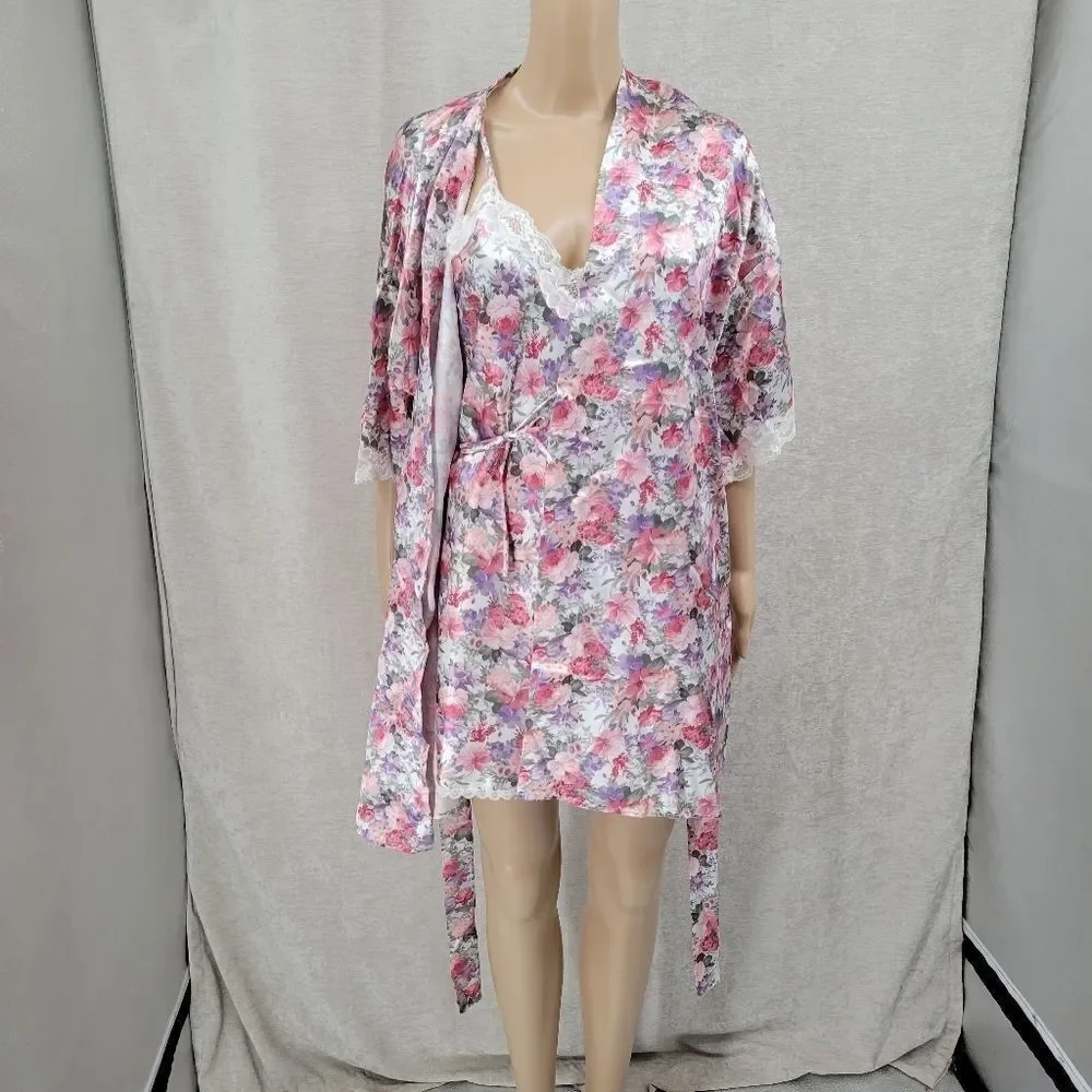 Floral Satin Lace Slip Dress Chemise Negligee and Matching Robe Set Pink